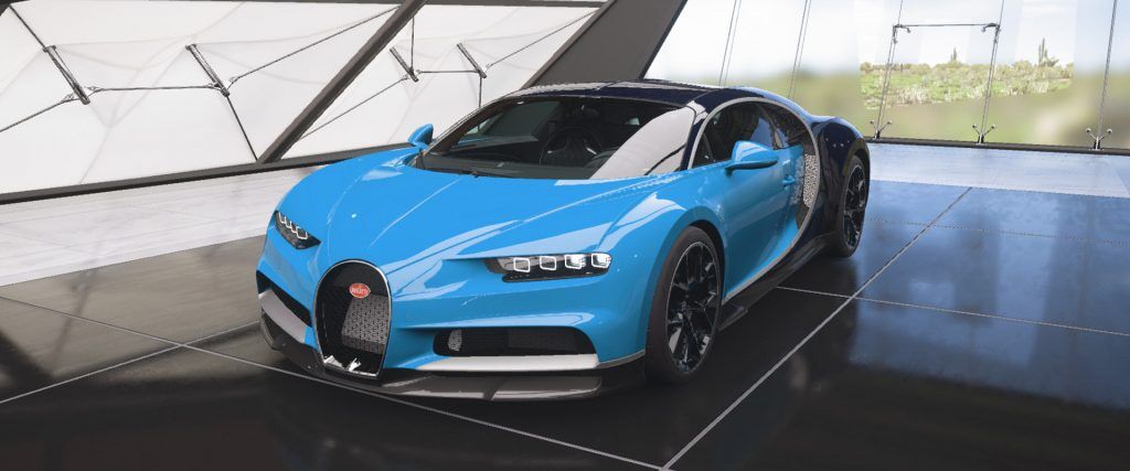 An image of the Bugatti Chiron in a showroom in Forza Horizon 5