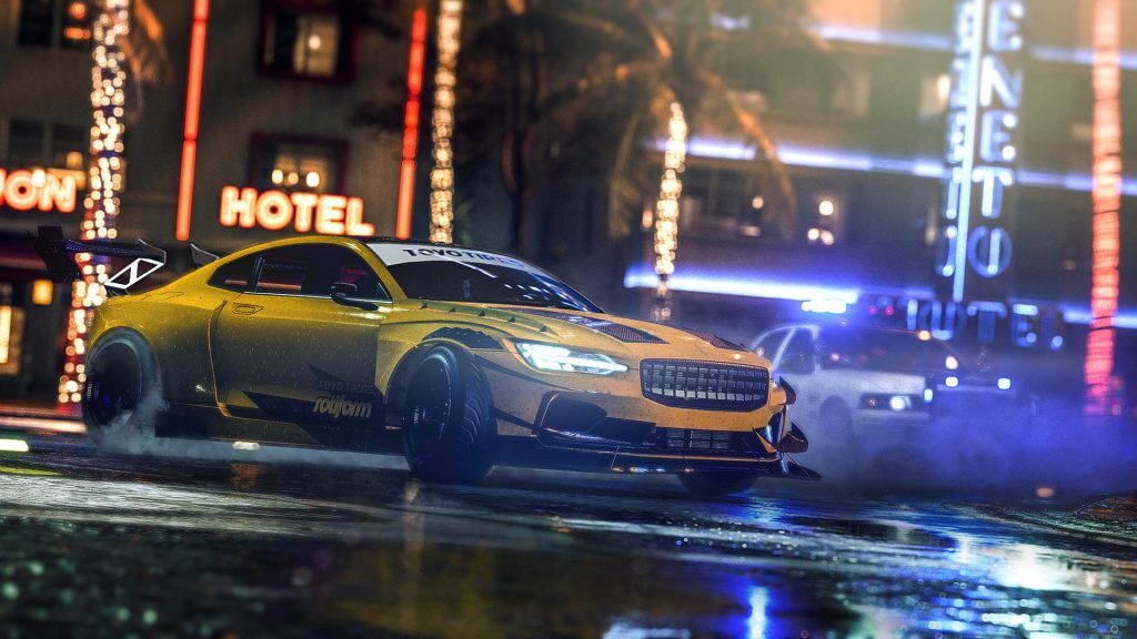 An image from Need for Speed Heat with several neon lights reflected in puddles on the ground.