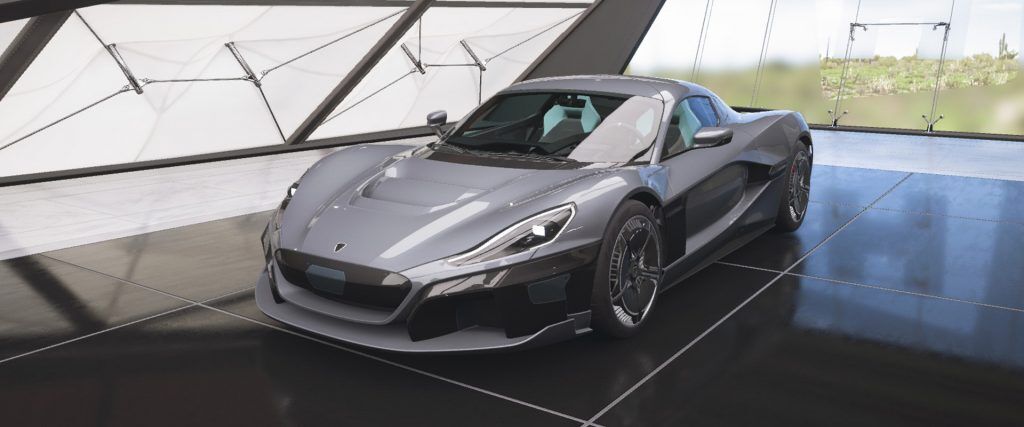 An image of the Rimac Concept Two in a showroom in Forza Horizon 5