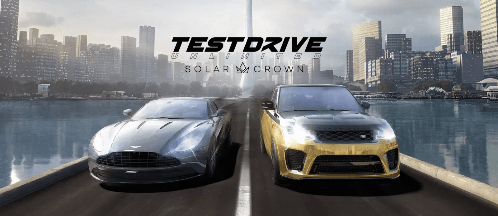 Aston Martin DB11 and Range Rover in the front of shot with the Test Drive Unlimited Solar Crown logo above and Hong Kong in the backdrop