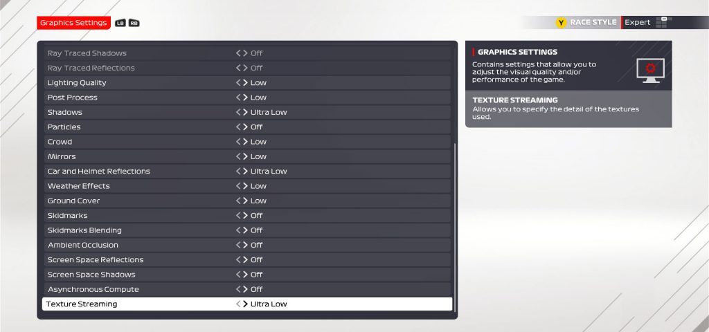 graphics menu in f1 2021 showing the lowest possible graphics settings