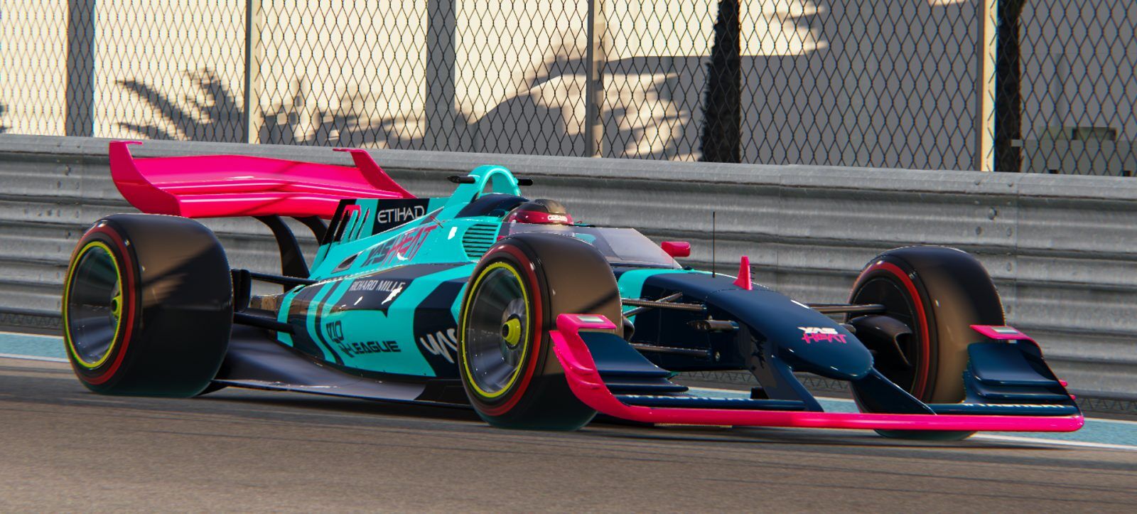 Futuristic looking Formula car in a YAS HEAT livery.