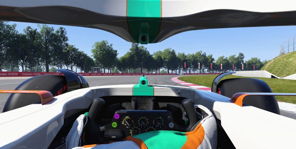 Cockpit camera on F1 22 with a wheel at full rotation