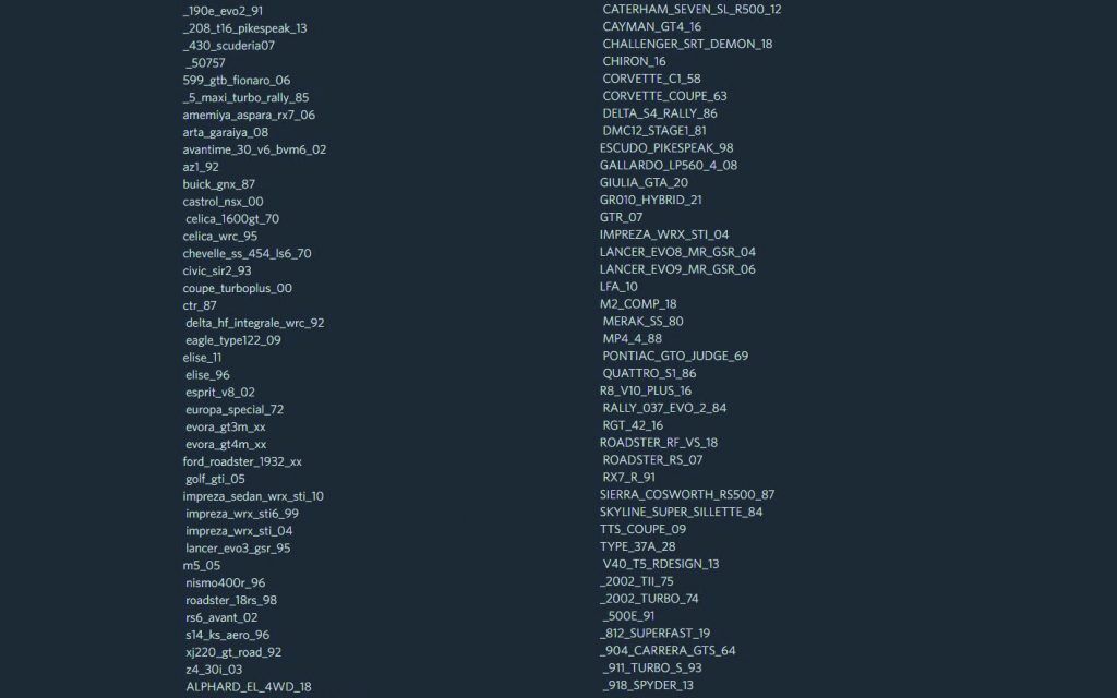 List of car's in-game codes taken from Discord.