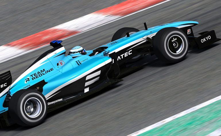 Fluorescent blue F1 car with Redline and Fanatec logos.