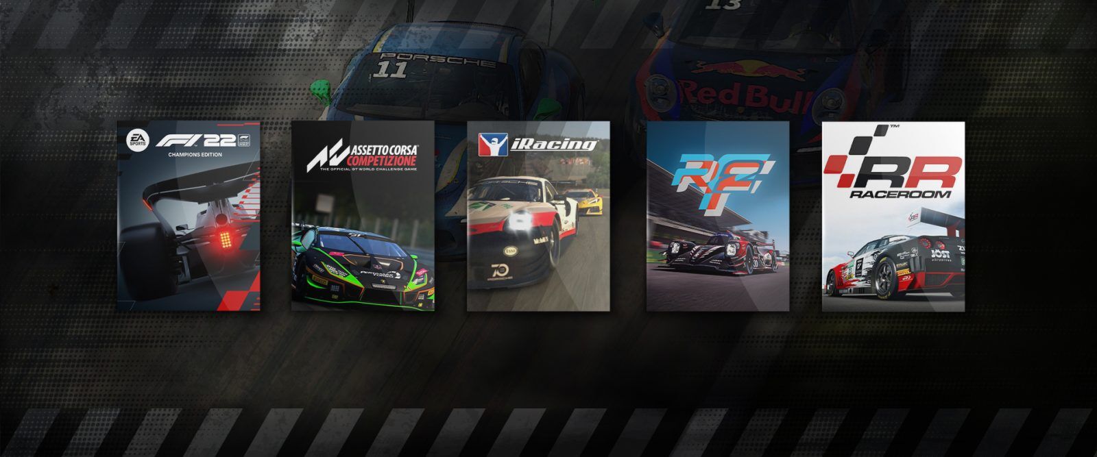 An image of the cover art for F1 22, ACC, iRacing, rFactor 2 and Raceroom.
