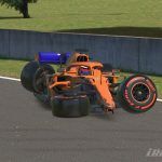 An image of a McLaren F1 car having crashed in iRacing.