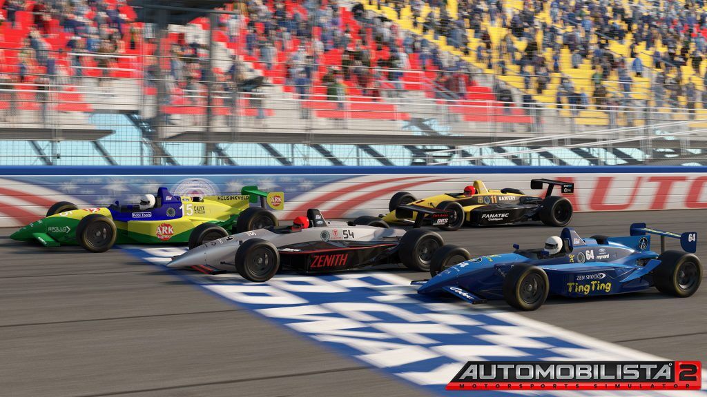 An image of four IndyCars racing on an oval in Automobilista 2.