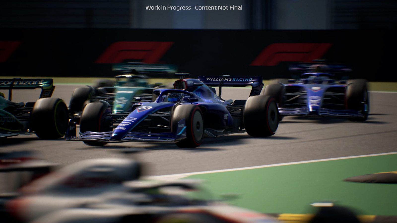 An image of several F1 cars racing in F1 Manager 2022. The Williams of Alex Albon is in focus.