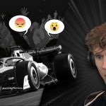Jarno Opmeer with a shocked face with an F1 car next to him and a crowd of people behind that with speech bubbles featuring emojis and expletives.