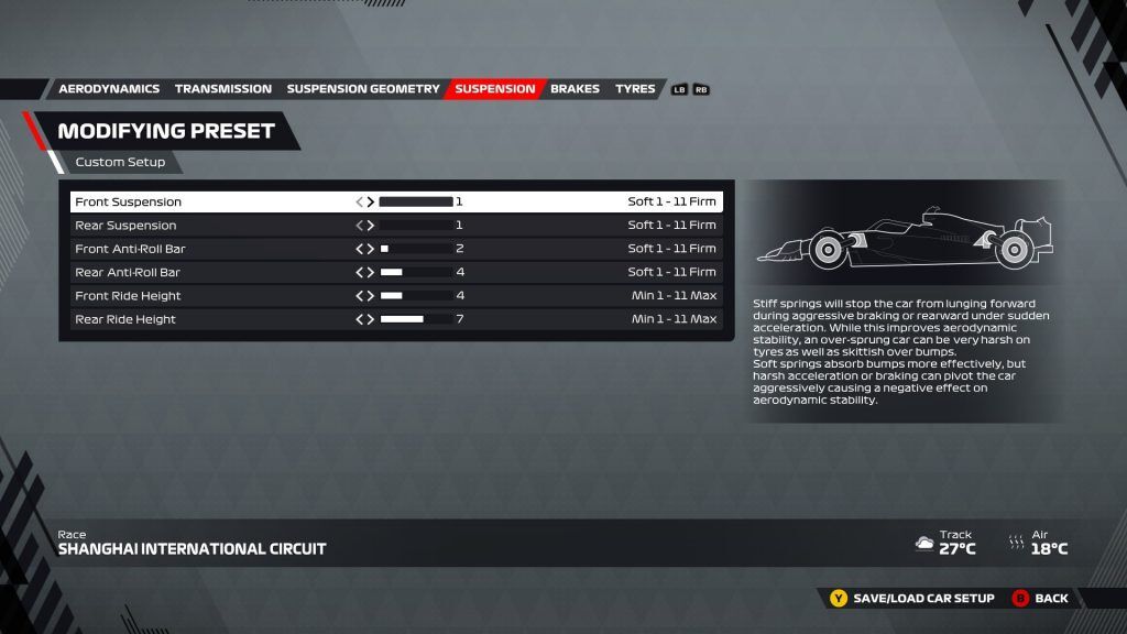 An image of the suspension tab of the Shanghai setup menu in F1 22.