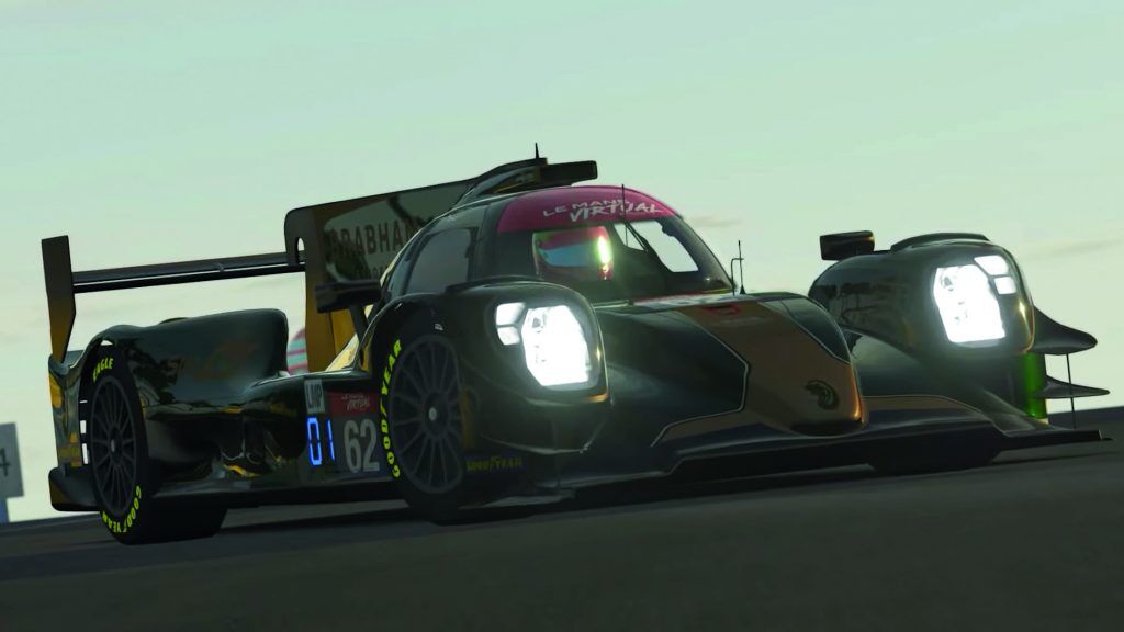An Oreca 07 LMP2 car on rFactor 2 in a green and gold Brabham livery.