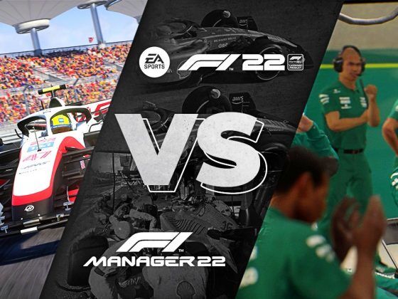 An image of a Haas in F1 22 and the Aston Martin pit crew in F1 Manager 2022, separated by a box with 'VS' in the middle.