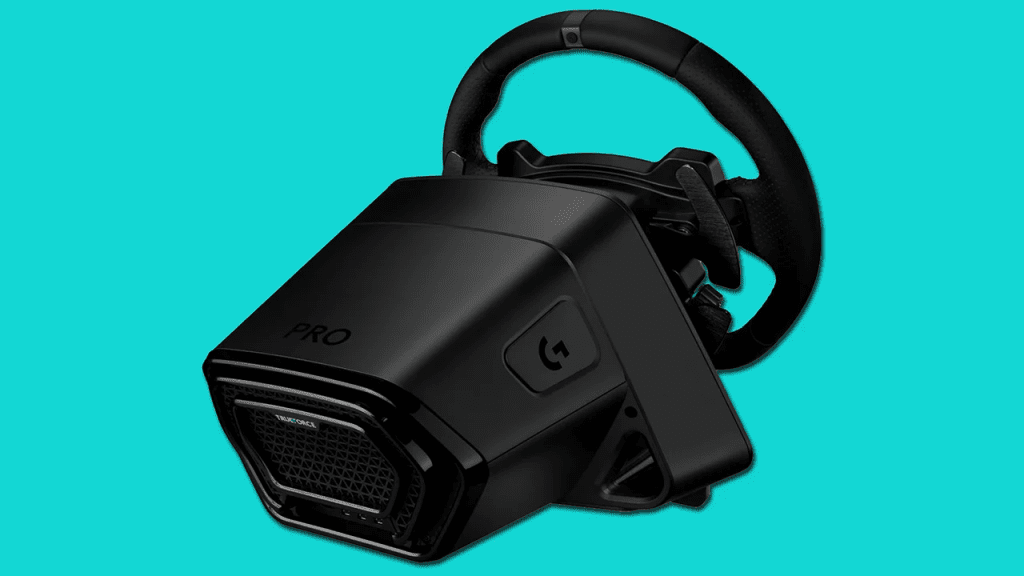 A Logitech G Pro with the wheelbase turned towards the camera.