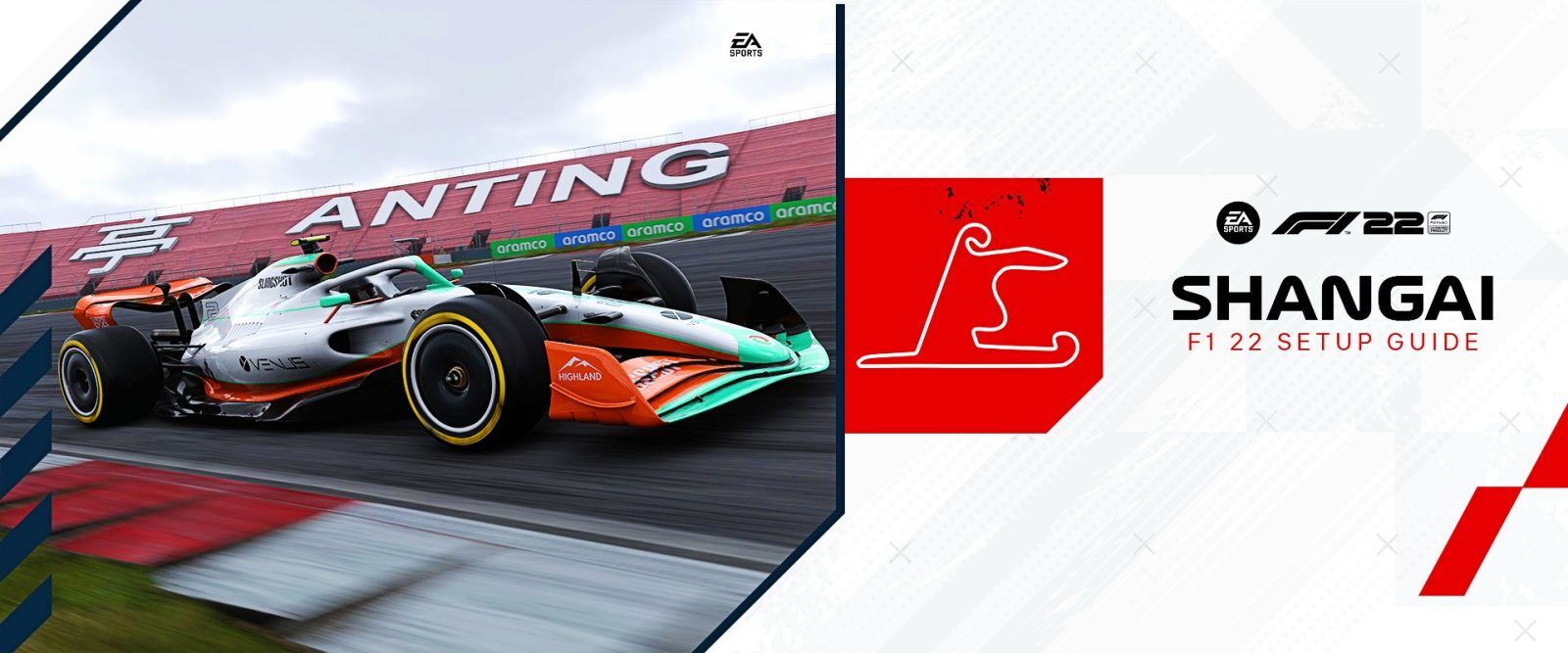 An image of a custom-liveried F1 car in F1 22 driving in China, alongside a map of the Shanghai international circuit.