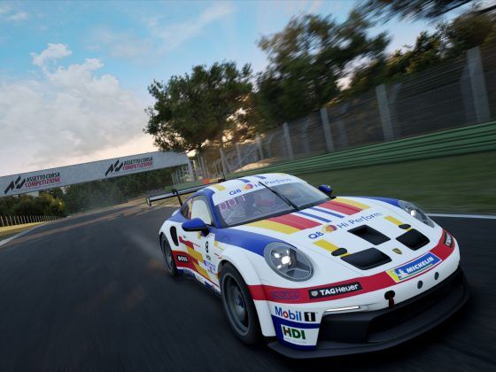 An image of a Porsche 911 GT3 Cup car racing in the Porsche Esports Carrera Cup Italia.