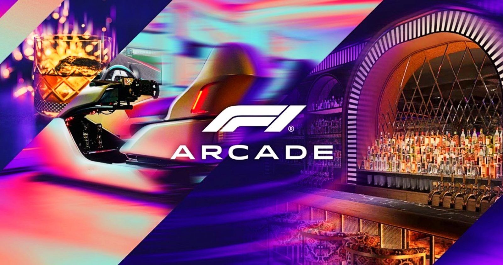 The F1 logo with Arcade written beneath it with a sim rig and a bunch of alcoholic drinks behind it.