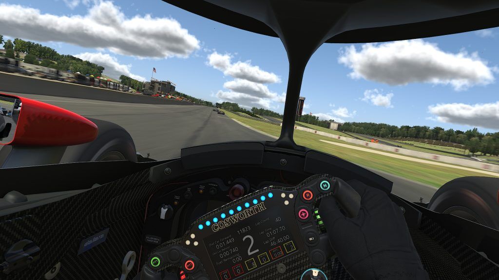 Onboard shot of a Dallara IR18 IndyCar on iRacing entering the pit straight at Barber Motorsports Park.