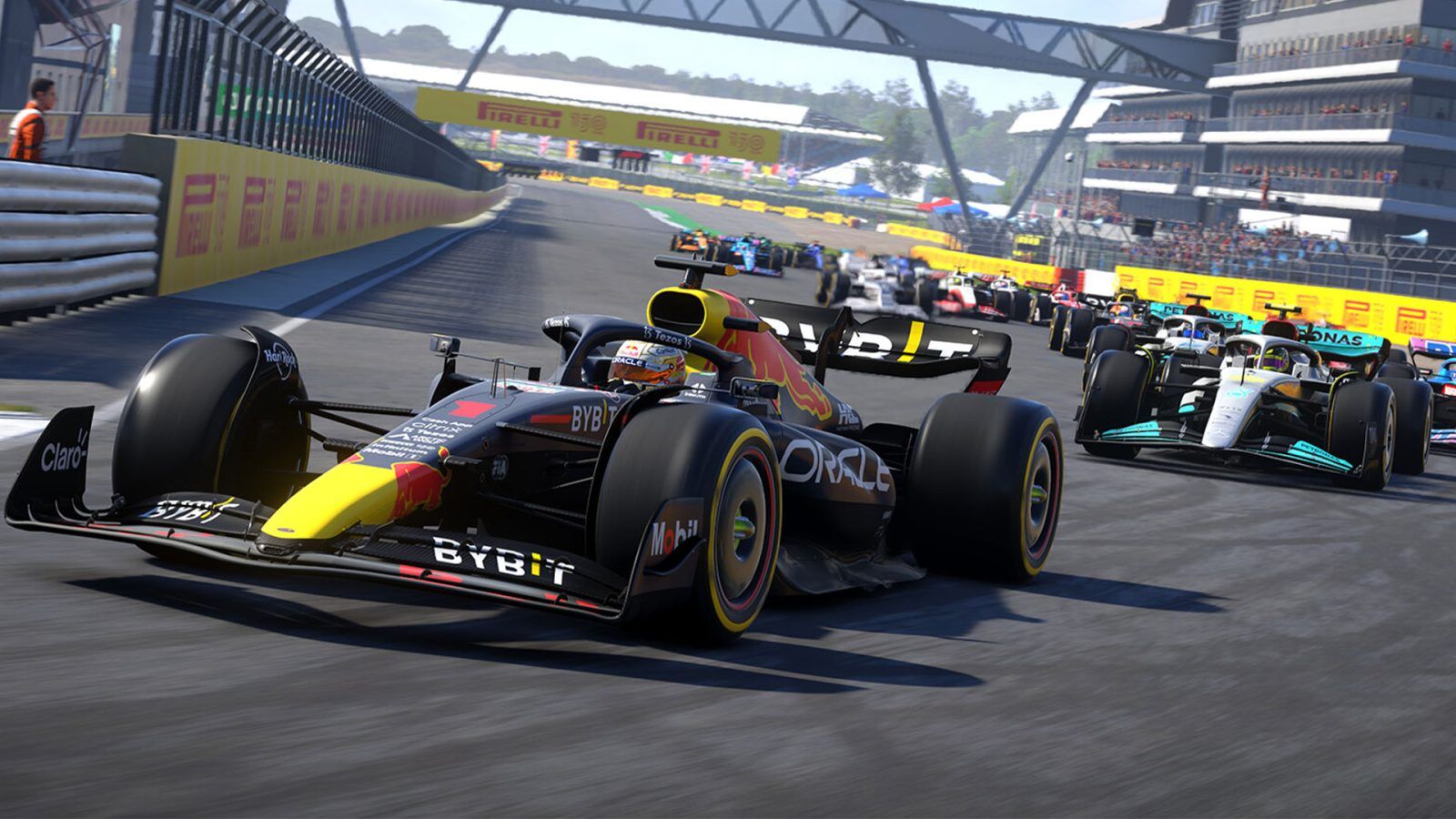 F1 22 screenshot of Verstappen being chased by field of cars at Silverstone