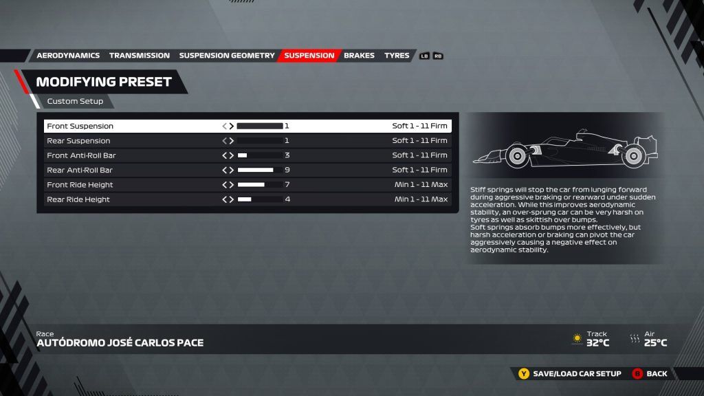 An image of the suspension page of the F1 22 setup menu.