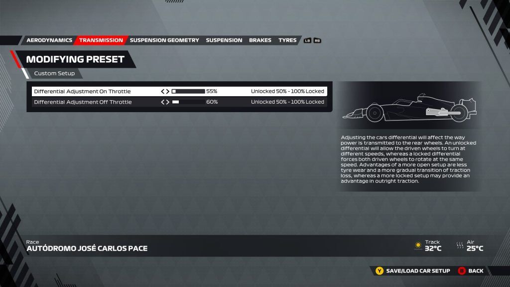 An image of the transmission page of the F1 22 setup menu.