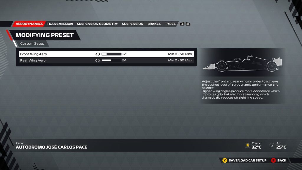 An image of the aerodynamics page of the F1 22 setup menu.