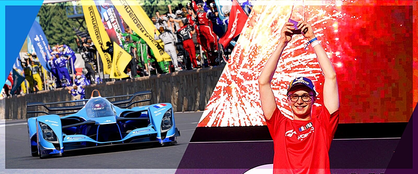 An image of Kylian Drumont lifting a trophy, alongside an image of him driving in Gran Turismo 7.