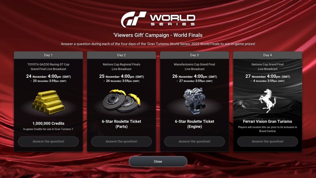 Four tabs on Gran Turismo with prizes that can be earned by answering a question.