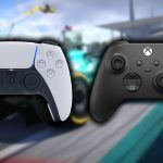 a playstation and xbox controller in the foreground, in the background a blurred screenshot of F1 22