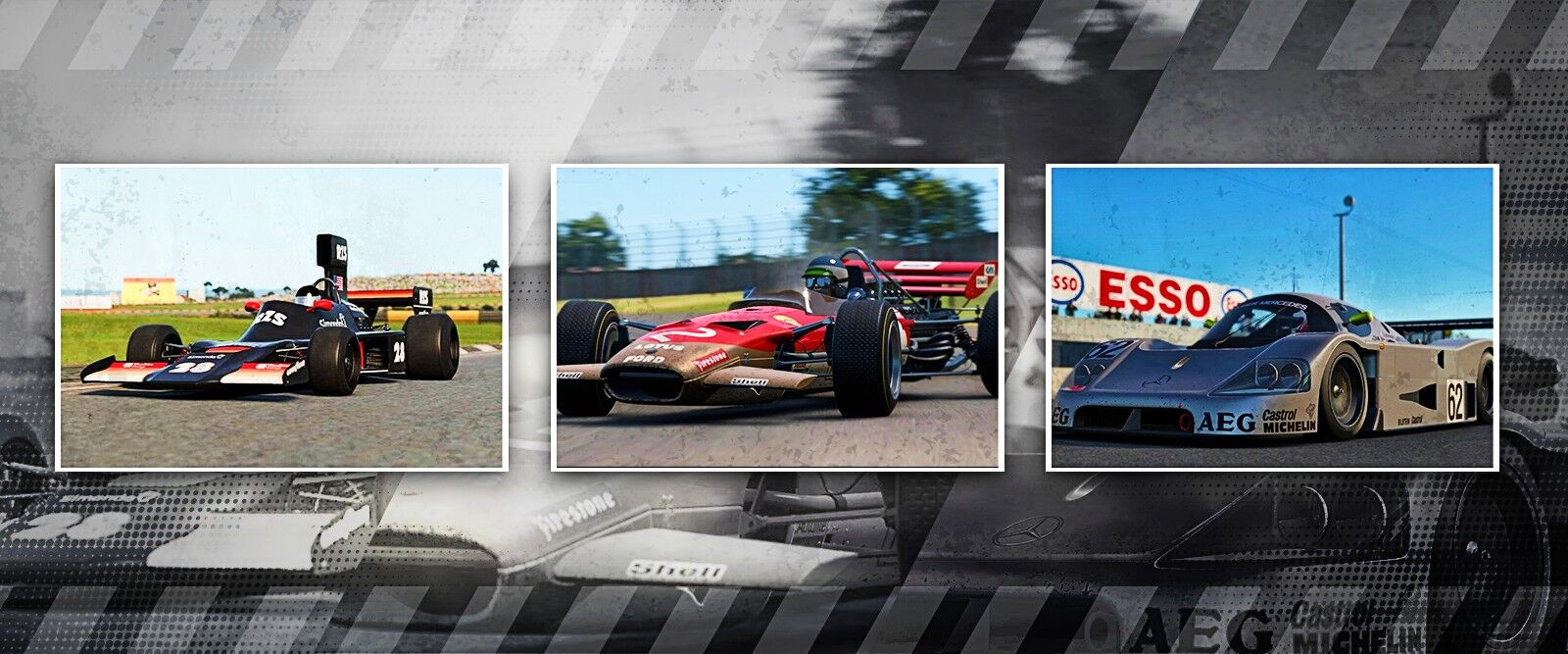 An image of three different classic cars in Automobilista 2.