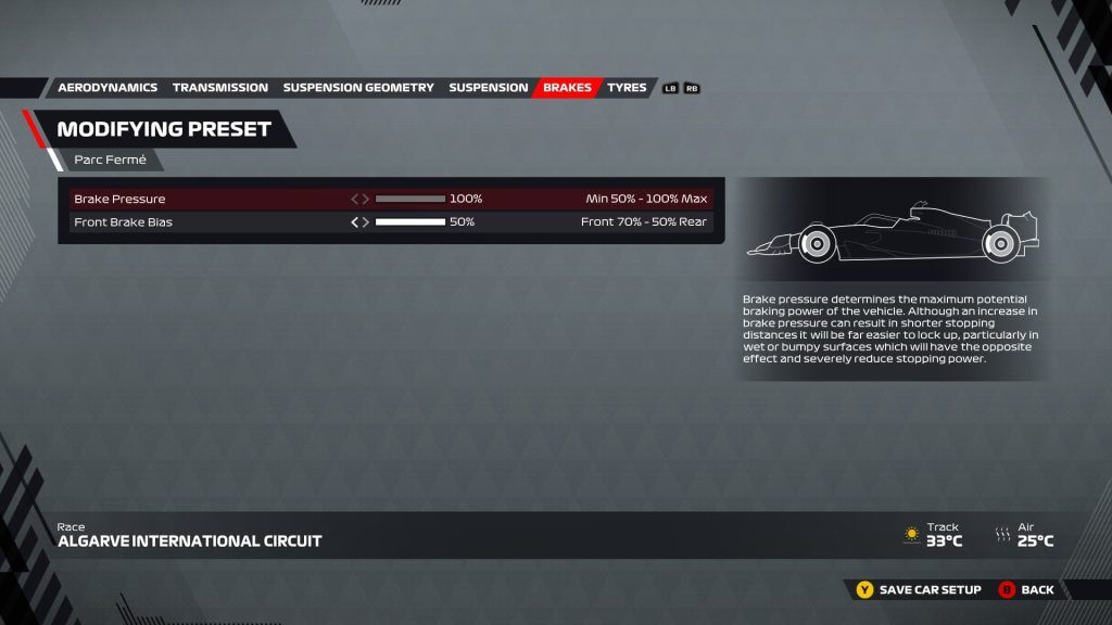 An image of the brakes page of the F1 22 setup menu.