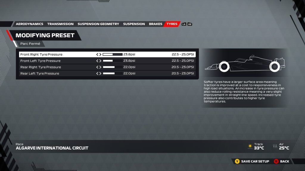 An image of the tyres page of the F1 22 setup menu. 