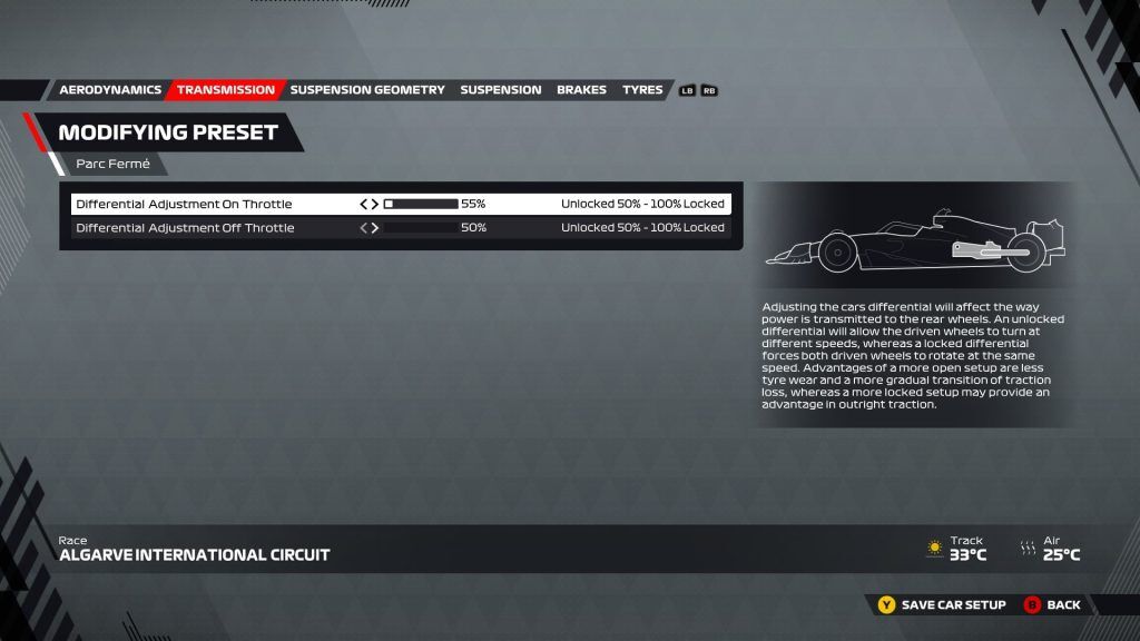 An image of the transmission page of the F1 22 setup menu for Portimao. 