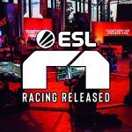 Logo for ESL R1 with a room full of racing sims in the background.