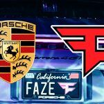 A Porsche logo on the left, a FaZe Clan logo on the right and a Porsche in the background with FAZE and the FaZe logo on its licence plate.