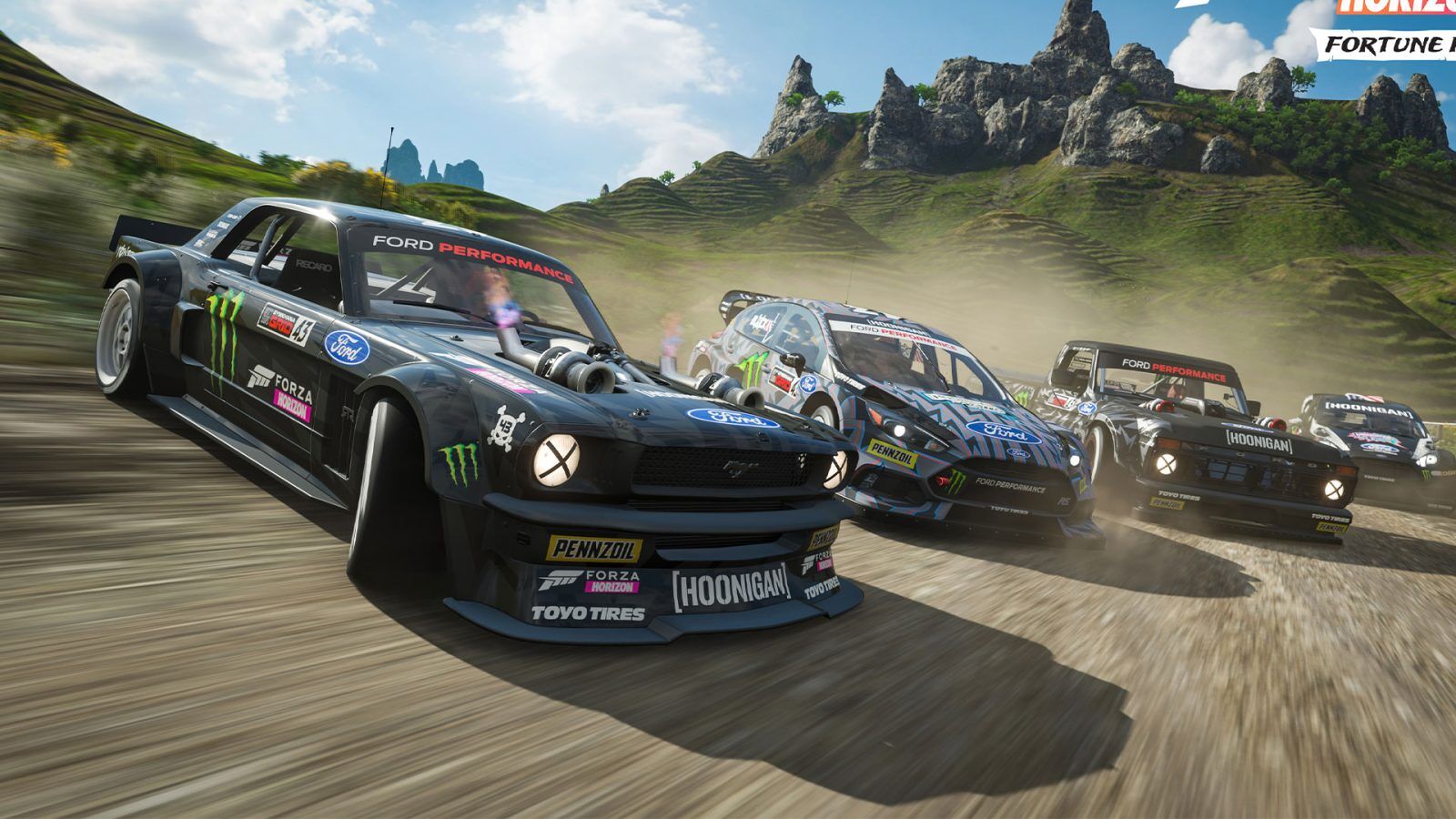 cars drifiting in forza horizon, a ford hoonicorn mustang in the foreground