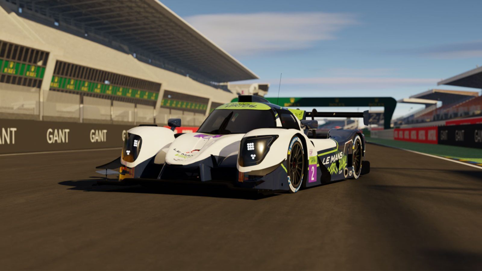 LMP2 car with 24h Le Mans Virtual livery on the pit lane straight at circuit de la sarthe in rfactor2