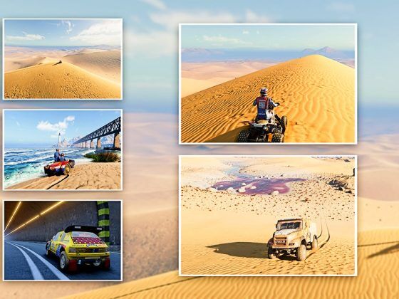 A collage of several scenes from the game Dakar Desert Rally.
