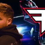 Ian 'CrimSix' Porter on the left shaded in red with the FaZe logo on the right and in the background is a Porsche racecar in FaZe colours and drivers in helmets and overalls standings on all sides of it.