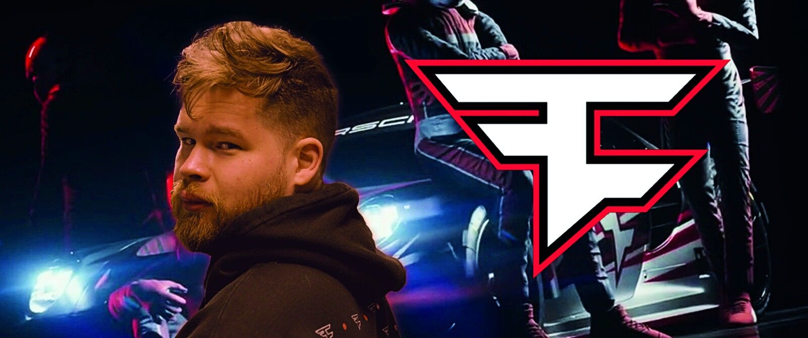 Ian 'CrimSix' Porter on the left shaded in red with the FaZe logo on the right and in the background is a Porsche racecar in FaZe colours and drivers in helmets and overalls standings on all sides of it.