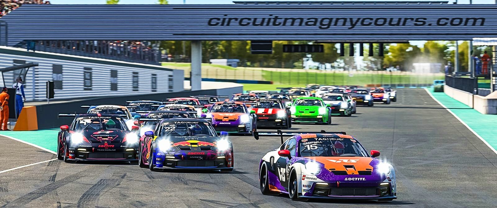 A collection of Porsche 992 GT3 Cup cars on iRacing heading towards turn 1 at Magny Cours.