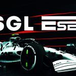 The PSGL logo on the left, 'Eseries' written stylistically on the right and a 2022 F1 car in a white livery with Veloce logos on the side.