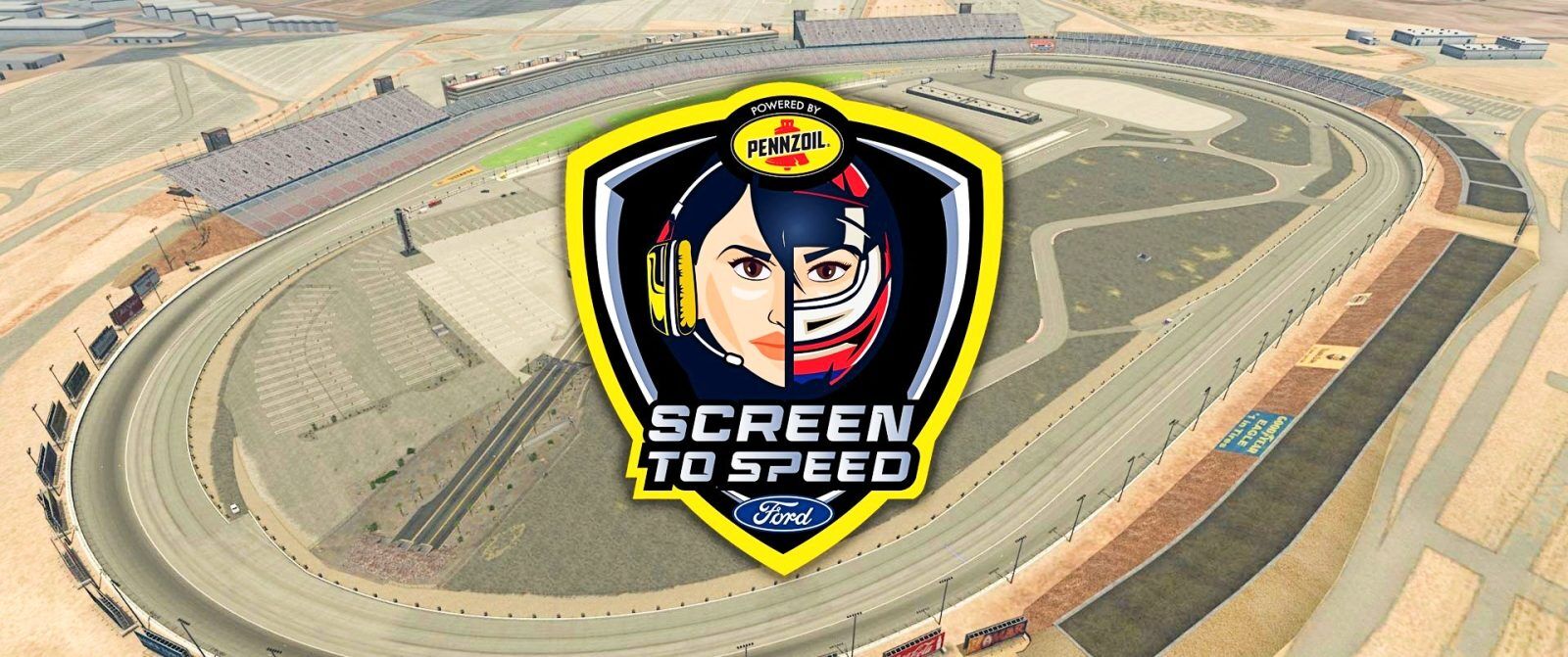 The Screen to Speed logo with half featuring a woman wearing a gaming headset and half featuring a woman wearing a racing helmet. In the background, the Las Vegas Motor Speedway on iRacing.