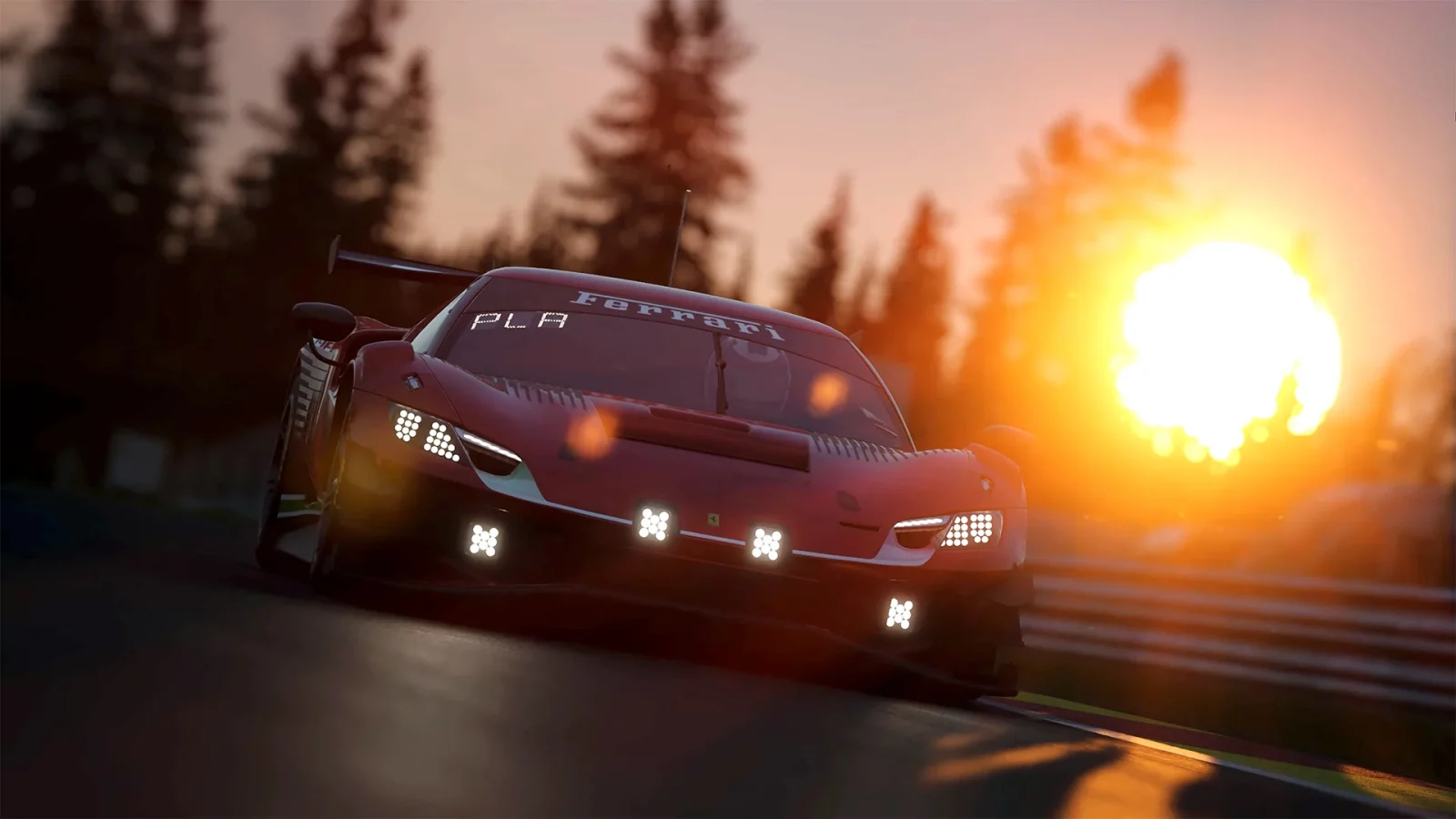A Ferrari 296 GT3 driving on a track with the sun setting behind.