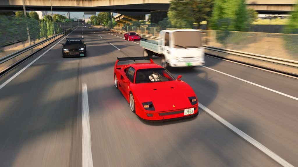 Ferrari F40 carves through traffic with other players at high speed