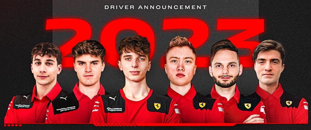 Six people in Ferrari shirts.