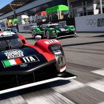 Toyota GR010 Le Mans Hypercars in the colours of Italy, Japan, France and Germany on a racetrack with 'Olympic Esports Series' plastered on sponsorship boards.