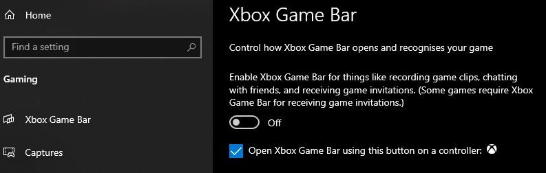Screenshot of Xbox Game Bar settings in Windows 10