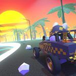 soapbox seen from behind, driving towards the sunset in 64-bit graphics