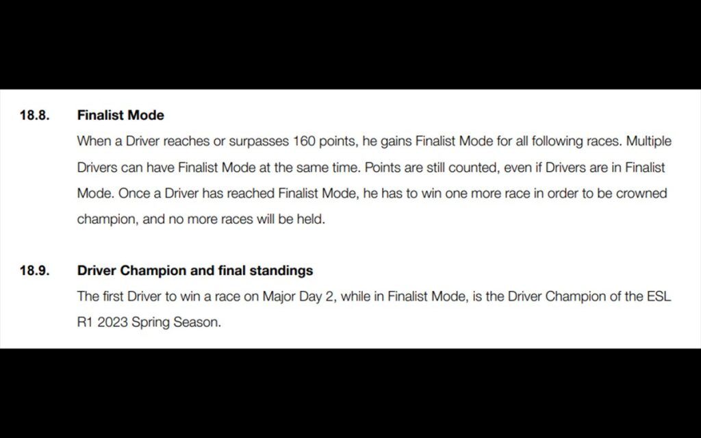 An explanation of Finalist Mode for Day 2 of the ESL R1 Major, saying a driver has to get to a certain points threshold and once they do, they just have to win a race in order to be champion.